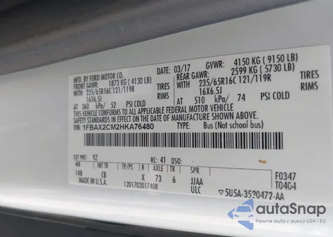 2017 Ford Transit-350 Xlt из США, поврежденный, VIN 1FBAX2CM2HKA76480